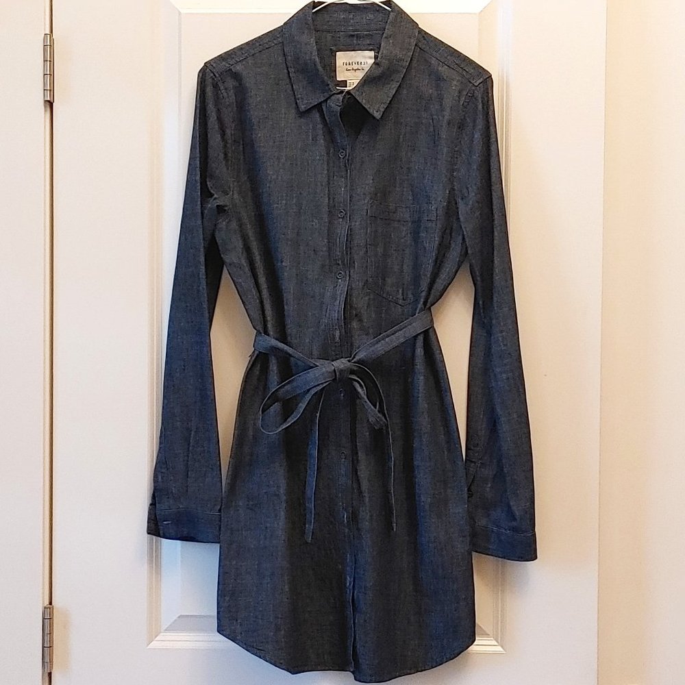 Forever 21 Denim Blue Jean Shirt Dress Women's Sz Small Tunic Length Belted